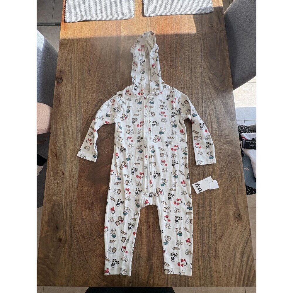 Tea Collection Hooded Romper Baby 18-24M White Allman Cafe Cat Ears Print Zip